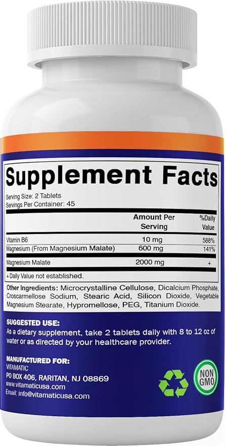 Vitamatic Magnesium Malate 2000mg per Serving - 90 Vegetarian Tablets - Added B6 for Maximum Absorption - Supports Muscle, Joint, and Heart Health* (2 Bottles, Unflavored)