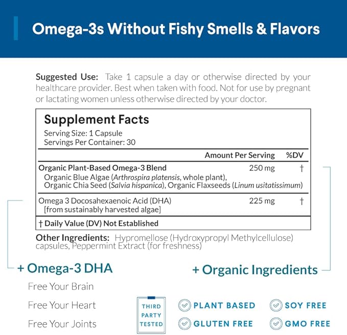 Omega 3 Algae DHA Vegan - Omega 3 DHA Supplement, Plant-Based Omega-3 Blend of Organic Algae, Organic Chia, and Organic Flax Seed Third Party Tested, Doctor's Choice,1 Month Supply, 30 Capsules