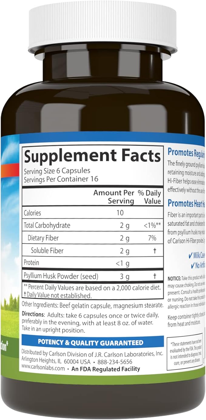 Carlson - Hi-Fiber, 3 g, Psyllium Husk Capsules, Regularity, Colon Health & Heart Function, 100 Capsules