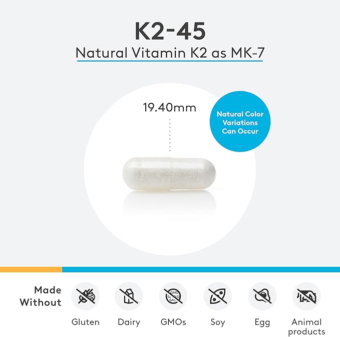 XYMOGEN K2-45 Vitamin K - Vitamin K2 MK-7 Derived from Non-GMO Soybeans - The Most Bioavailable Form of Vitamin K2 Supplement Available - Supports Cardiovascular + Bone Health (60 Capsules)