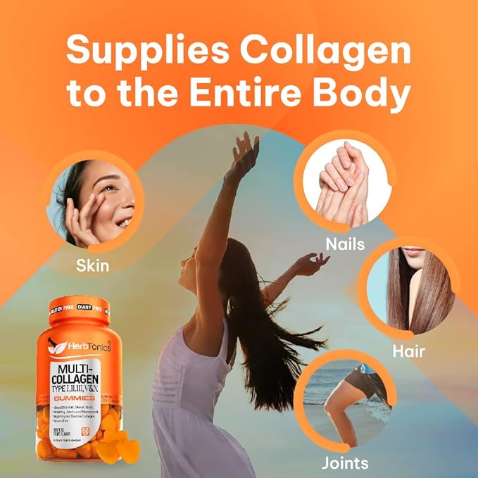Herbtonics Multi Collagen Gummies Type 1,2,3,5 & 10 with Biotin for Hair Growth, Skin, Nails - Korean Red Panax Ginseng 1500mg - High Potency Ginseng for Energy, Performance & Immune Support for Men