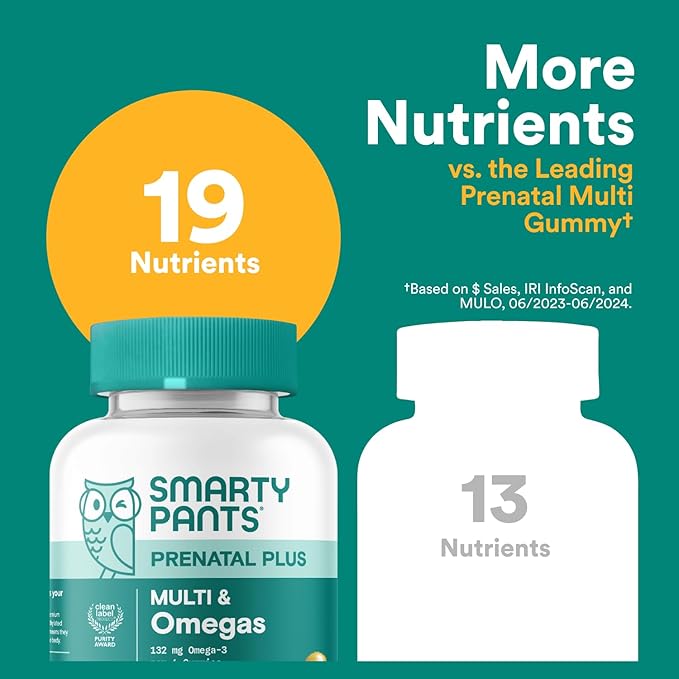 SmartyPants Prenatal Multivitamin Gummies - Improved Formula: Omega 3 (DHA/EPA), Methylfolate, Biotin, Vitamin D3, C, Vitamin B12, B6, Vitamin A, K & Zinc, Gluten Free, 120 Count (40 Day Supply)