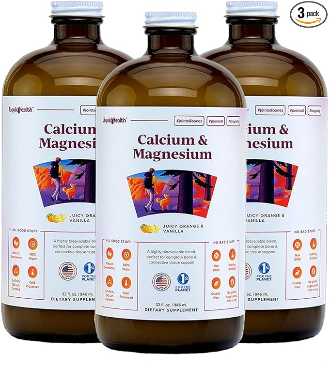 LIQUIDHEALTH Calcium & Magnesium Adult Liquid Vitamin Supplement - Bone, Joint, Muscle, Connective Tissue Support, Heart Health, Essential Nutrients - Made in USA, Vegan, Non GMO, No Sugar (3 Pack)
