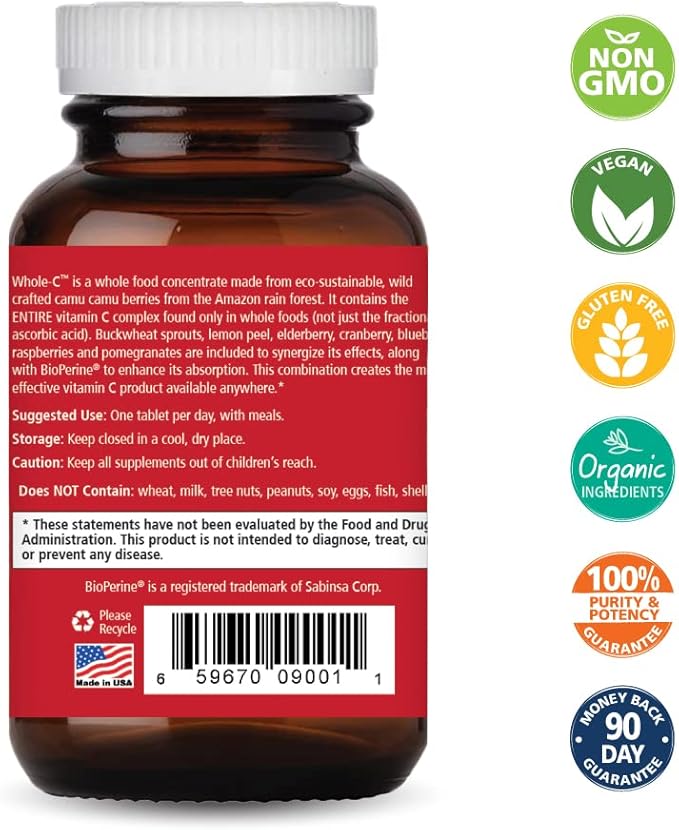 PURE ESSENCE LABS Whole-C Whole Food Vitamin C - Best Immune Support - Organic & Nature Vitamins - Immunity Booster & Dietary Supplements (30 Tablets)