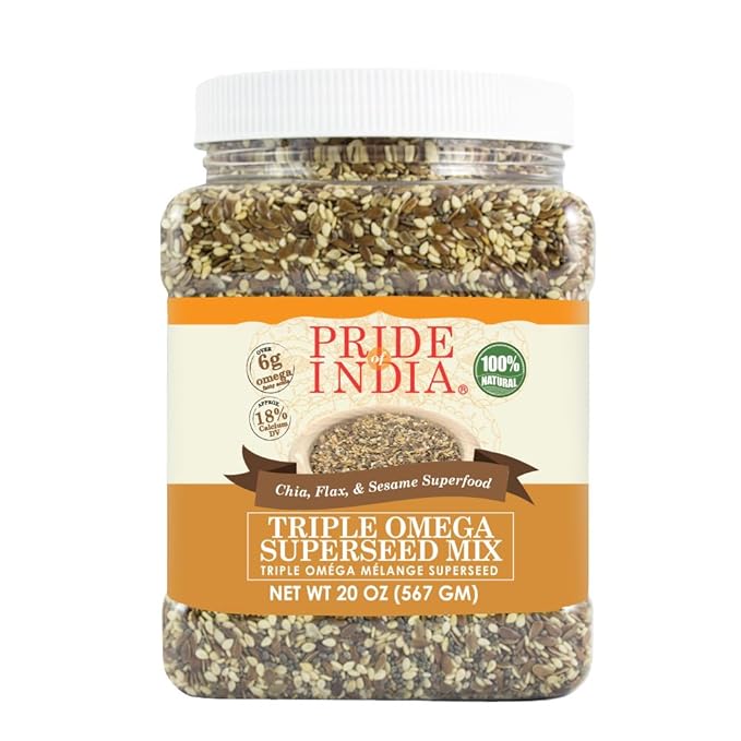 Pride Of India - Triple Omega Superseed Mix - Protein, Fiber, Calcium, Iron, Omega-3, Omega-6, & Thiamin Rich Superfood w/Chia Flax & Sesame Seeds, 1.25 Pound (20oz) Jar