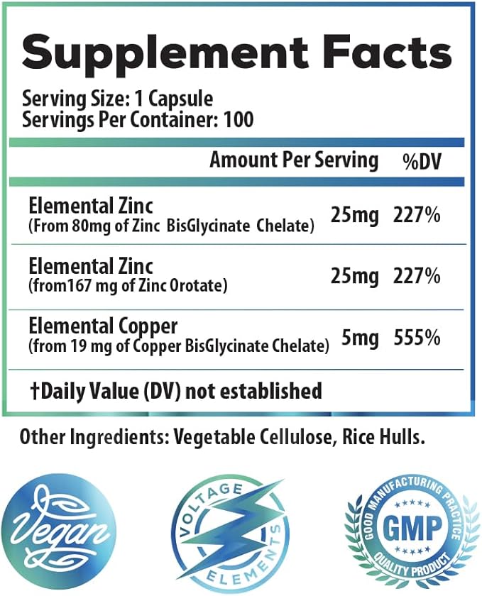 Voltage Elements Zinc Orotate + Bisglycinate Chelate 245mg with Copper: Muscle & Bone Health - Elemental Zinc 50mg (100 Servings) Vegan