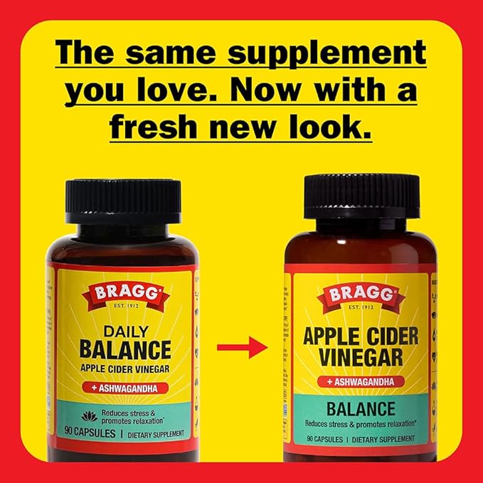 BRAGG Daily Balance Apple Cider Vinegar and Sensoril Ashwagandha Capsules - 750mg of Acetic Acid – Energy & Weight Management Support - (90 Pills)