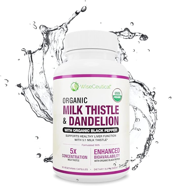 Max Absorption USDA Organic Milk Thistle Potent 5:1 Concentrated Extract (2000mg Strength) & Organic Dandelion Root | Silymarin Antioxidant Flavonoid | Liver Support Supplement (60 Count (Pack of 1))