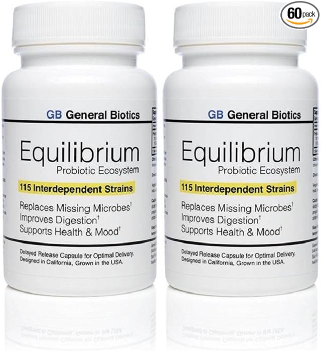 Equilibrium Probiotic Supplement with Prebiotic - Daily Time Release - 60 Effective Easy to Swallow Capsules - Highest Strain Count in The World - 2 Bottles