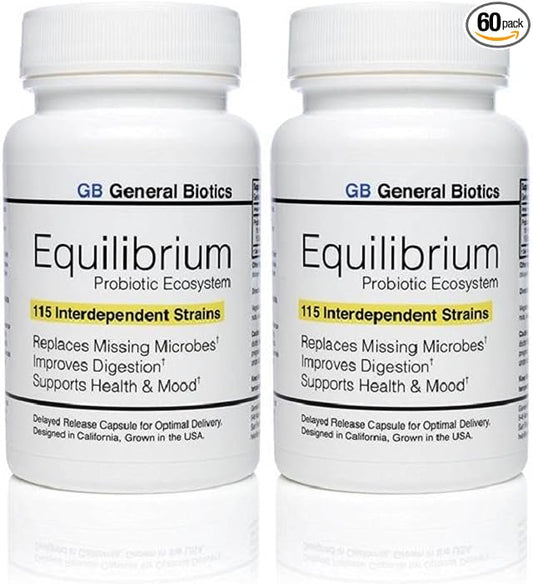 Equilibrium Probiotic Supplement with Prebiotic - Daily Time Release - 60 Effective Easy to Swallow Capsules - Highest Strain Count in The World - 2 Bottles
