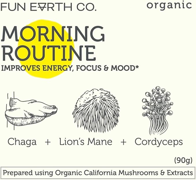 Morning Routine Mushrooms, Mushroom Supplement | Lions Mane Powder Chaga Cordyceps | Adaptogens | | 3.17 Ounce Packet | 30 Servings | Immune Support