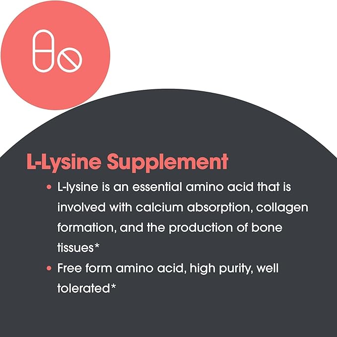 Allergy Research Group L-Lysine - Immune Support, L-Lysine HCI, Free Form Amino Acid, 500mg Supplement, Pure, Organic, Vegetarian Capsules - 100 Count