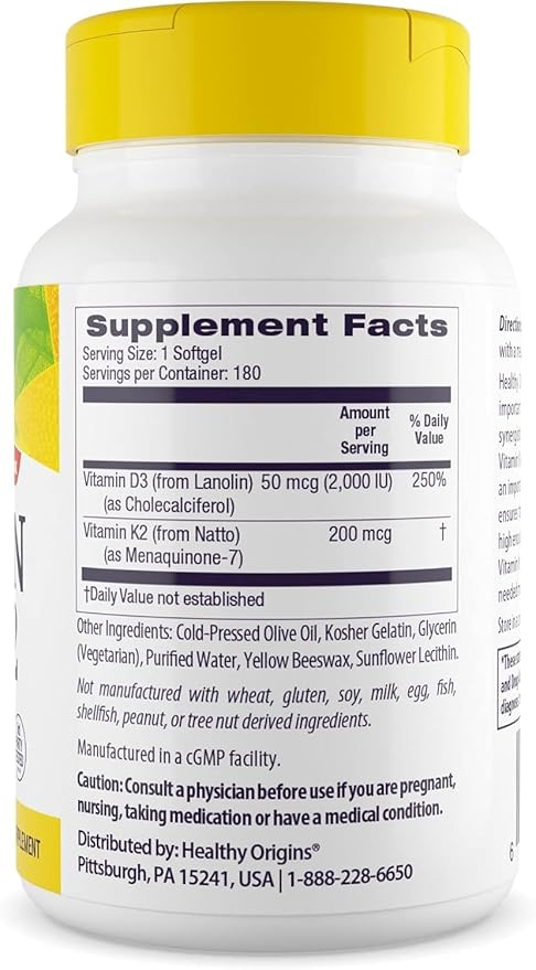 Healthy Origins Vitamin D3 & K2 - Vitamin D3, 50 mcg - Vitamin K2, 200 mcg - Easily Absorbable Vitamin D & Vitamin K Supplements - Non-GMO & Gluten-Free Supplements - 180 Softgels