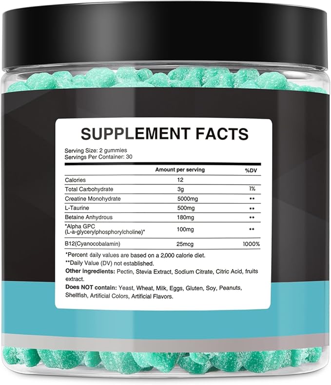 Creatine Monohydrate Gummies 5g, Muscle Growth, Creatine Gummy Supplements, L-Taurine Vitamin B12, Gain Energy, Workout Supplement, Sugar Free, Non-Sticky, Vegan for Men & Women Blueberry 60 Count
