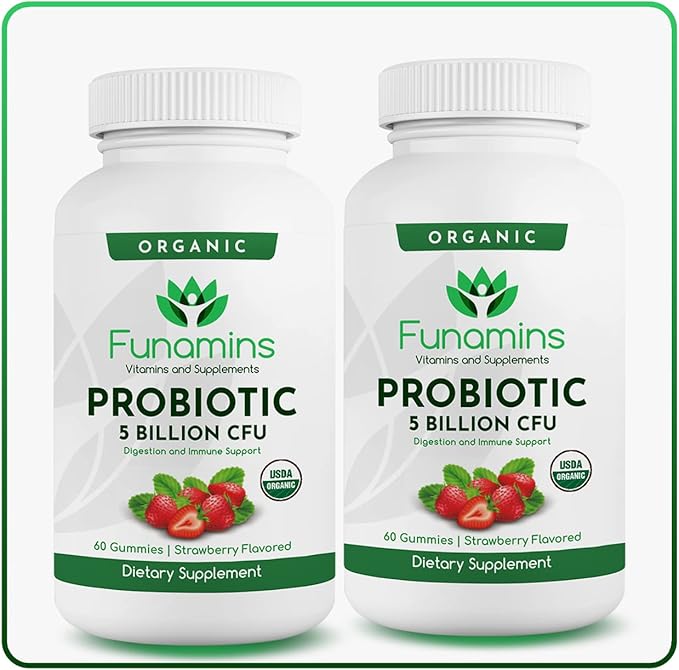 Organic Probiotic Gummies, 2-Pack, 60 Count Each, 5 Billion CFU per Serving, Vegan, Supports Digestive Health and Immune Defense, for Women and Children; Strawberry Flavor