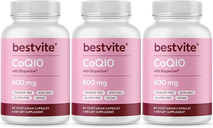 BESTVITE Coenzyme CoQ10 600mg per Capsule with Bioperine (180 Vegetarian Capsules) (3-Pack) Naturally Fermented - No Stearates - No Fillers - Vegan - Non GMO - Gluten Free