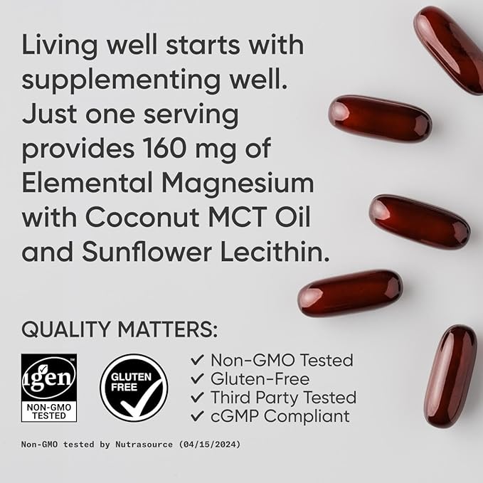 Sports Research® Magnesium Glycinate - Suports Restful Sleep & Enzymatic Processes - 160 mg Chelated Magnesium - Liquid Softgel - 120 Count