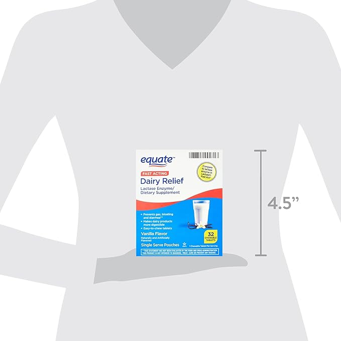 Equate Fast Acting Dairy Relief Lactase Enzyme Dietary Supplement Vanilla Flavor chewables Tablets 32 Count (Pack of 1) + CreativeAndBundle Sticker