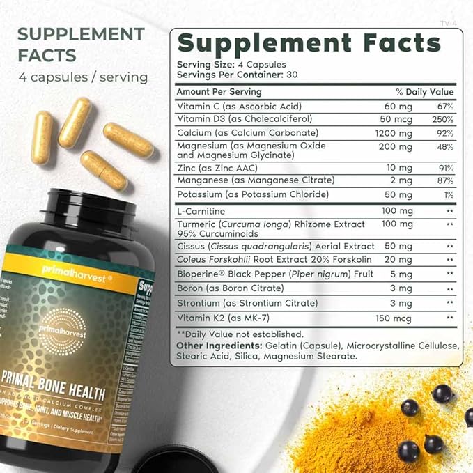 Primal Harvest Calcium Carbonate Bone Health Complex for Men and Women with Calcium, Magnesium, Zinc, Manganese, Potassium, and L-Carnitine