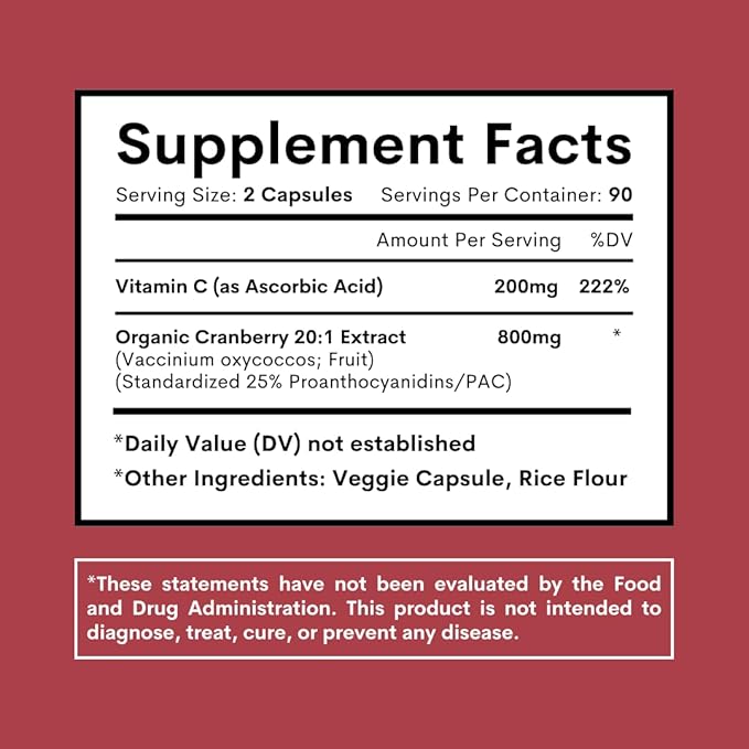 Cranberry Extract Pills Supplement 25% Proanthocyanidins with Vitamin C - Urinary Tract, Skin, Immune Support - 180 Veggie Capsules - Non-GMO, Gluten-Free, Vegan Friendly
