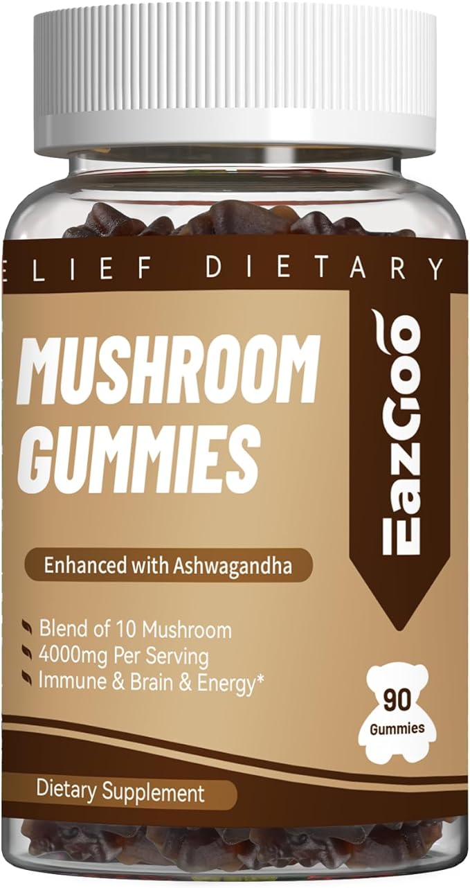 Mushroom Gummies Supplement - with Ashwagandha, Lions Mane, Shitake Mushrooms, Turkey Tail, Chaga, and Cordyceps Mushroom for Immune Health, Mood & Stress Support (180 Gummies)