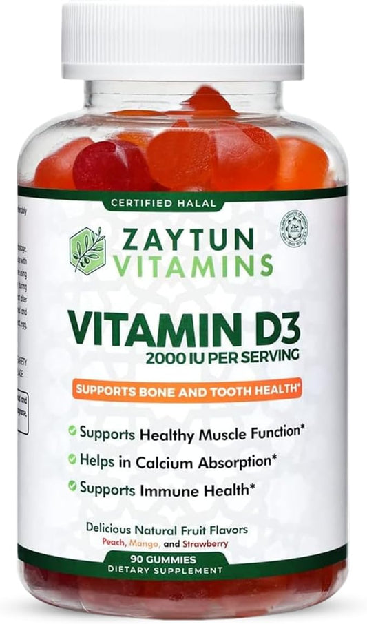 Zaytun Halal Vitamin D3 2000 IU Gummies, Supports Bone & Immune Health, Promotes Muscle Function, Gluten & Gelatin Free, 90 Natural Fruit Flavor Gummies, Made in USA - Halal Vitamins