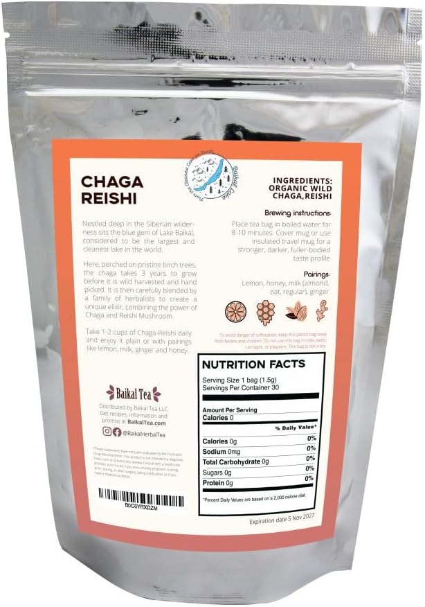 Chaga Reishi Tea Wild Chaga Tea with Reishi - 30 Unbleached Tea Bags - Ganoderma Lingzhi Mushroom Supplement Tea with Wild Chaga
