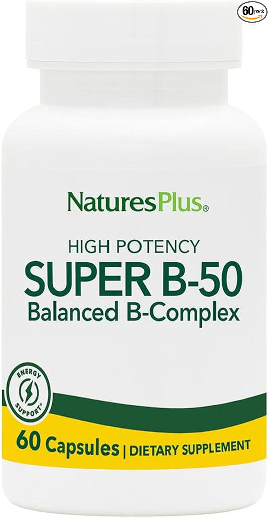 NaturesPlus Super B50-60 Vegetarian Capsules - High Potency B Complex Vitamin Supplement - Brain & Energy Booster - Gluten-Free - 60 Servings