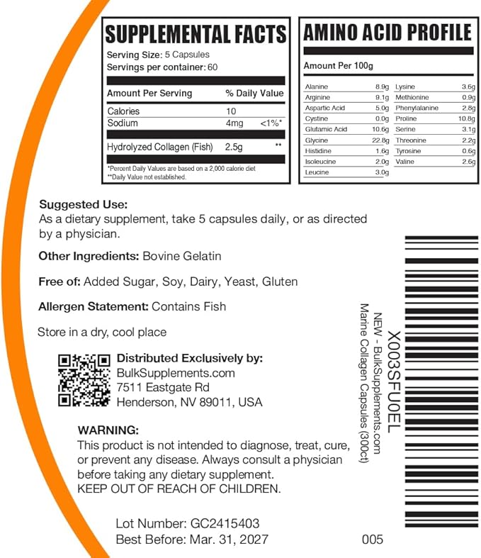 BulkSupplements.com Marine Collagen Capsules - Fish Collagen Supplement, Collagen for Women & Men - Hydrolyzed Collagen, Gluten Free, 5 Capsules per Serving, 300 Capsules (Pack of 1)