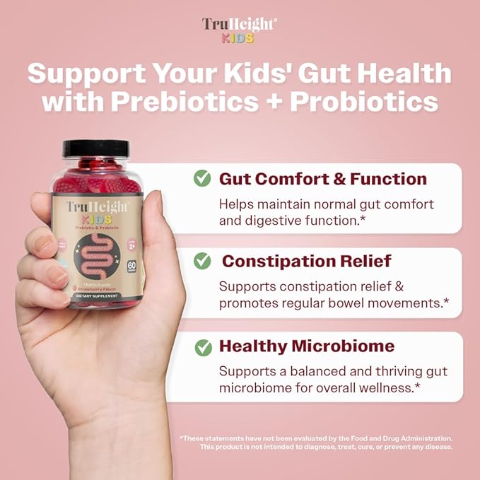 TruHeight Kids Prebiotic & Probiotic Gummies Ages 2+ (Strawberry Flavor) Toddlers & Kids All Natural Supplement for Digestive Health, Gut & Constipation Relief - Endorsed by Pediatricians Vitamins