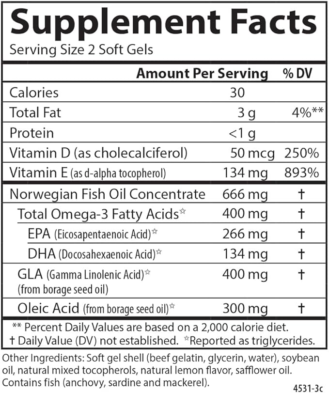 Carlson - Balanced Omega-3 & Omega-6 Ratio, with D3, Norwegian, Wild-Caught Fish Oil Supplement with Fatty Acids, Sustainably Sourced Fish Oil Capsules, 90 Softgels