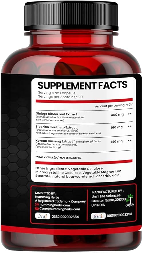 Ginkgo Biloba & Korean Ginseng Supplement – 700mg with Siberian Eleuthero Supports Brain Function, Energy, & Immune – 90 Capsules