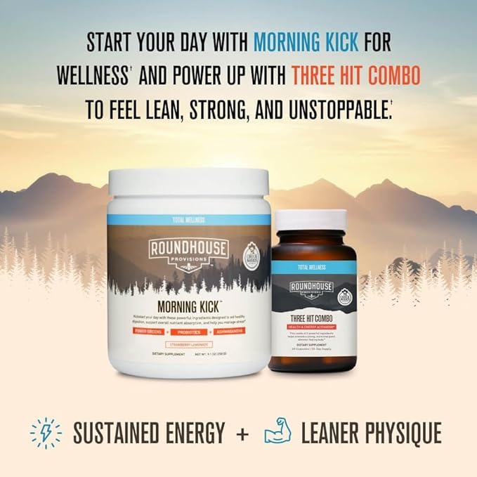 Morning Kick, Zero Sugar Greens Superfood Powder Supplement with Ashwaganda, Collagen, Probiotics, Debloat Drink, 30 Servings (Strawberry Lemonade) by Chuck Norris