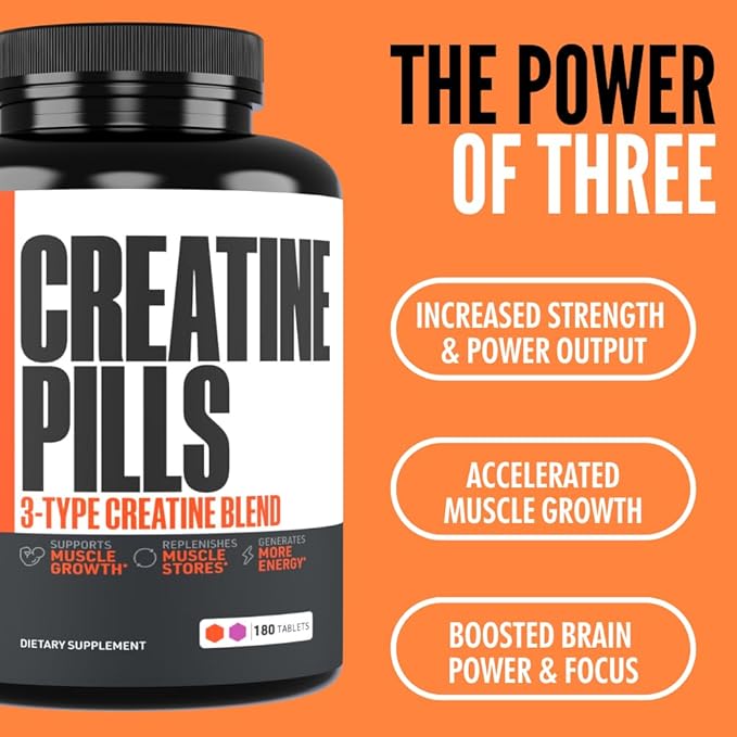 Crazy Muscle Creatine Monohydrate Pills, Premium 3 Type 5g Creatine Pills, Pre and PostWorkout & Keto Energy Builder, Easy to Take Three-Atine Pills for Optimum Performance Men Women, 180 Tablets