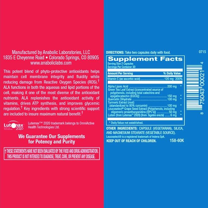 Natural Antioxidant Complex Supplement - 60 Vegetarian Capsules for Cell Health - Alpha Lipoic Acid, Green Tea Leaf Extract, Quercetin, Turmeric, Vitamin C Supplement