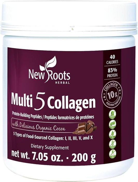 New Roots Multi 5 Coco Collagen Powder Supplement (Types I, II, III, V and X) Hydrolyzed Collagen - Dairy & Gluten Free - 12g per Serving - Chocolate Flavor, 7.05 oz