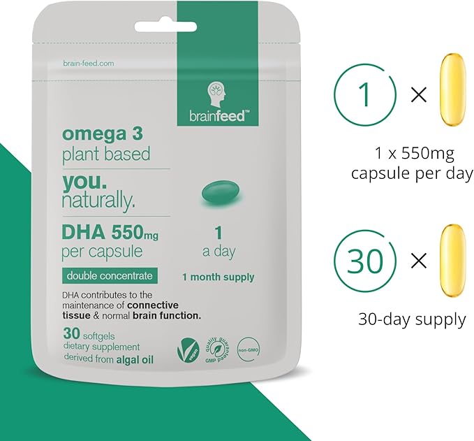 DHA Supplements (30) | Double Concentrate Omega 3 DHA 550mg PER Capsule - 1 a Day| Brain & Eye Health | Vegan DHA - Omega 3 Algae Oil | Sustainable DHA Capsules