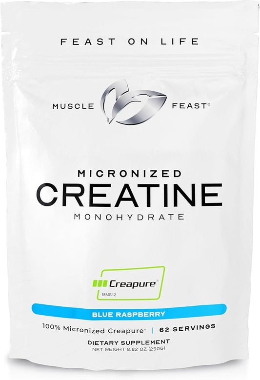Muscle Feast Creapure Micro - Micronized Creatine Monohydrate Powder | Premium Pre-Workout or Post-Workout | Easy to Mix, Gluten-Free, Safe and Pure, (Blue Raspberry, 250g)