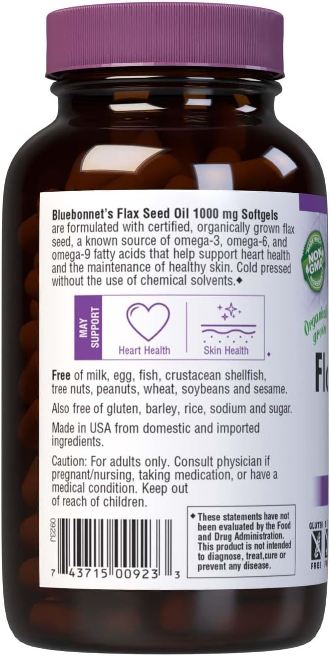 BlueBonnet Nutrition Flax Seed Oil Certified Organic 1000 mg, 250 Softgels