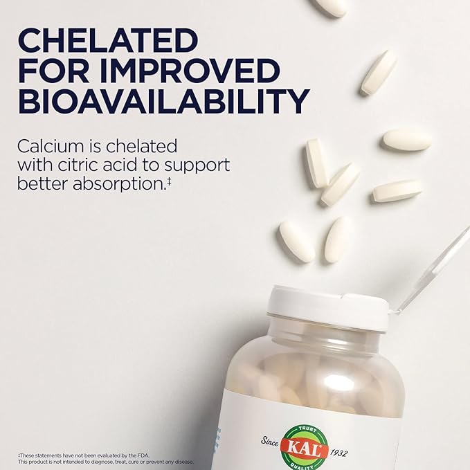 KAL Calcium Citrate 1000mg, Calcium Supplements for Women and Men, Bone Health, Teeth, Nervous, Muscular & Cardiovascular System Support, Gluten Free and Lab Verified, 60 Servings, 180 Tablets