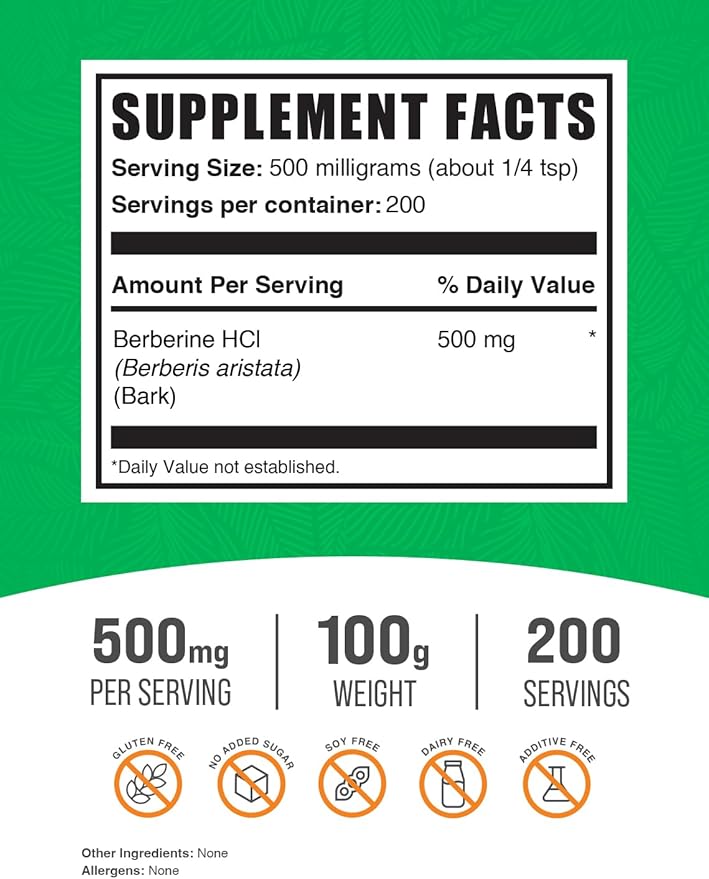 BulkSupplements.com Berberine HCl Powder - Berberine Supplement, Berberine 500mg, Berberine Powder - Gluten Free, 500mg per Serving, 100g (3.5 oz) (Pack of 1)