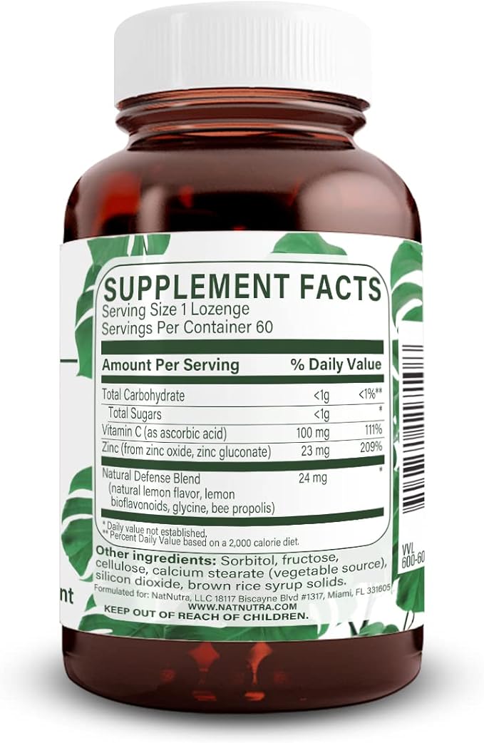 Natural Nutra Zinc Lozenges with Vitamin C, Lemon Flavor, Support Immune, Nervous System & Bone Strength, Fortified with Bioflavonoids and Bee Propolis, Sublingual Zinc Gluconate, 60 Vegetarian