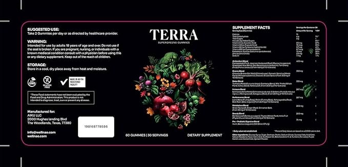 Terra Supergreens Gummies – 18 Superfood Ingredients with Spirulina, Chlorella, Turmeric, Reishi & Ashwagandha – Daily Antioxidant, Detox & Immune Support Supplement – Vegan, Non-GMO, Made in USA