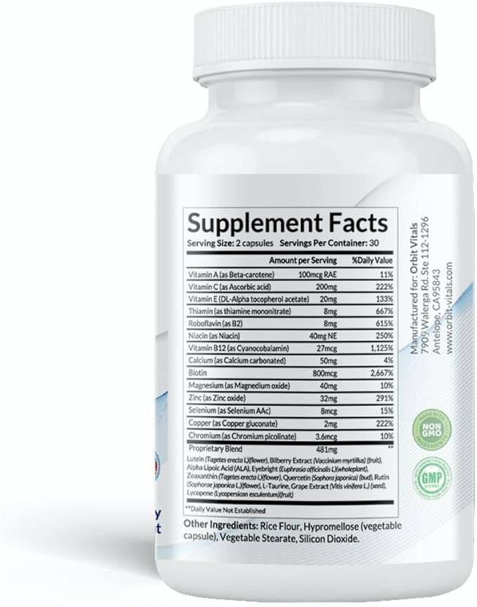 Vision Support Supplements with Lutein, Zeaxanthin, Bilberry Extract - Eye Care Health Vitamin for Eye Strain, Dry Eyes, Screen Blue Light - Ideal for Adults, Elderly - Made in USA, 60 Veggie Capsules