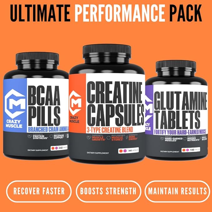 Crazy Muscle Creatine Capsules, 5g of Premium 3X ThreeAtine Pre Workout Bulk Mass Gainer, High Absorption Easy to Take Creatine Monohydrate, Optimum Performance for Men Women, 360 Capsules