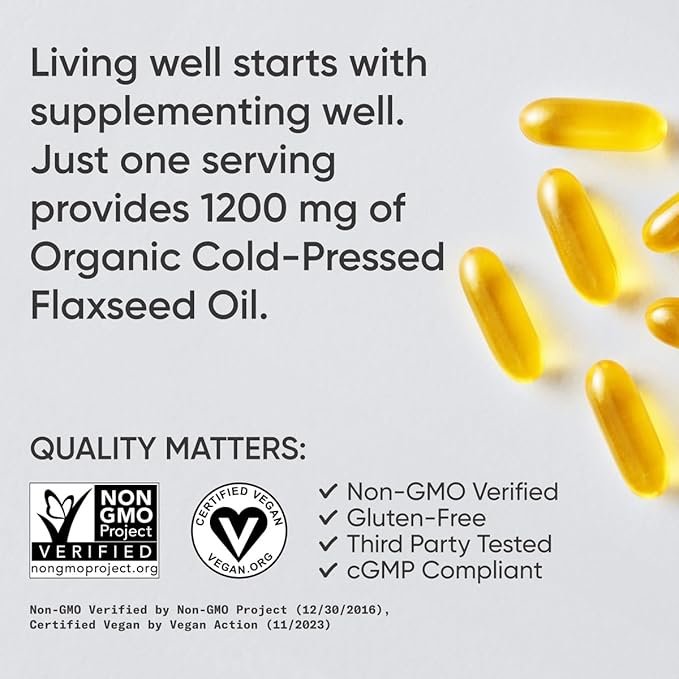 Sports Research Vegan Flaxseed Oil (1200mg) Herbal Supplement with Plant-Based ALA Omega 3 - Vegan Certified & Non-GMO Verified - Gluten, Soy & Carrageenan Free (180 Veggie Softgels)
