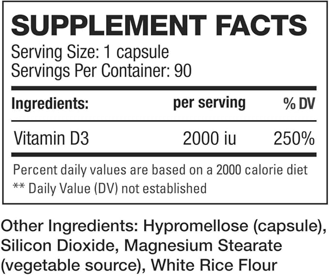 HD MUSCLE HealthHD D3 | 2000iu High Potency Vitamin D3 Supplement | Healthy Muscle Function & Recovery | Immune Support | Calcium Absorption | 90 Capsules