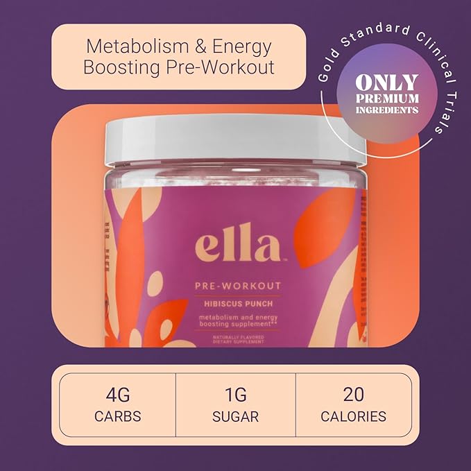 Naked Ella Pre Workout Powder, Hibiscus Punch Amino Energy with Vegan BCAA Amino Acids, Natural Caffeine, Preworkout Boost for Men & Women, 30 Servings