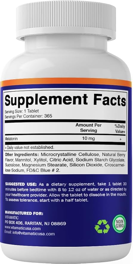 Vitamatic Melatonin 10 mg Tablets | Vegetarian, Non-GMO, Gluten-Free | 1-Year Supply | Natural Berry Flavor - 365 Tablets
