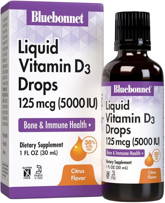 Bluebonnet Nutrition Liquid Vitamin D3 Drops 5000 IU, Aids in Muscle and Skeletal Growth, D3, Non GMO, Gluten Free, Soy Free, Dairy Free, Kosher, Citrus Flavor (743715003781), 1 Fl Oz (Pack of 1)